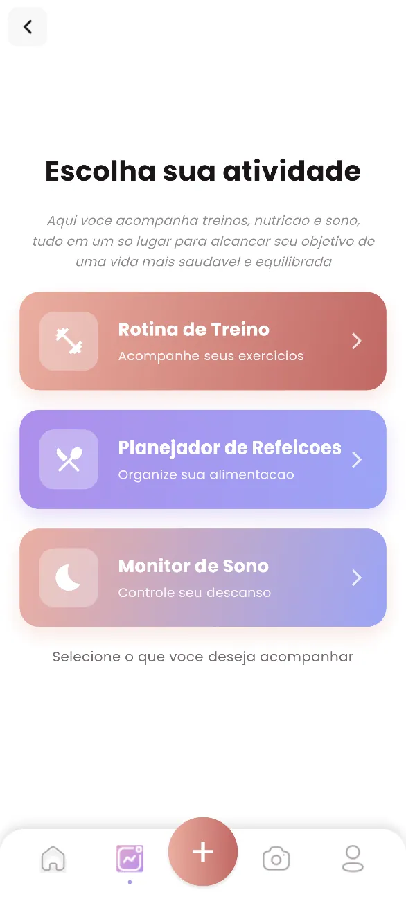 Tela de atividades do app VitFit com treino, refeições e sono