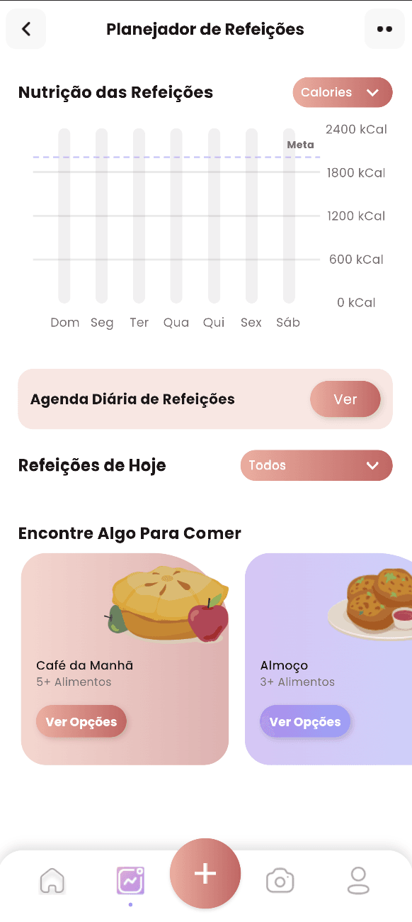 Tela do planejador de refeições do VitFit com metas calóricas e refeições
